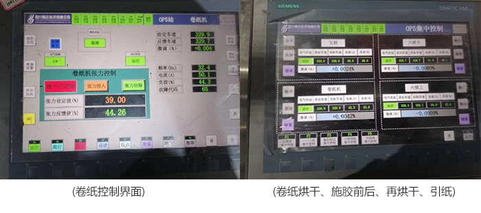 卷纸控制界面,卷纸烘干、施胶前后、再烘干、引纸